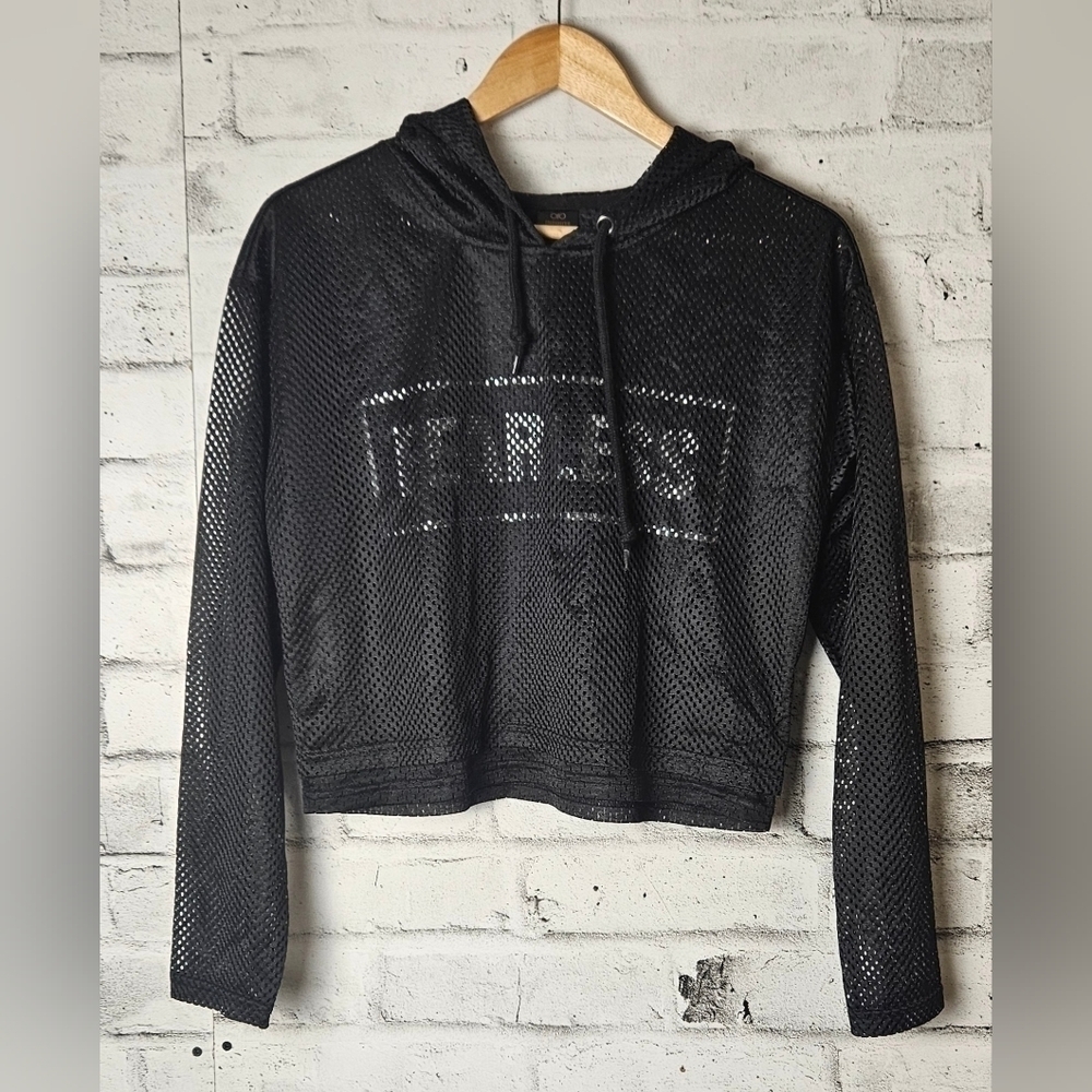 Infinite Performance Black Mesh Cropped Hoodie L FEARLESS Athleisure